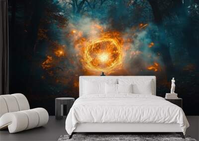 An enigmatic scene showcases an otherworldly portal glowing ominously in a dark forest, creating a captivating and eerie atmosphere perfect for Halloween. Wall mural