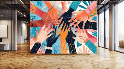 Close up of diverse hands stacked together. Macro photograph of multicultural people making stack of hands.Unity and teamwork concept for design and print. Collaboration, cooperation, teamwork. AIG53. Wall mural