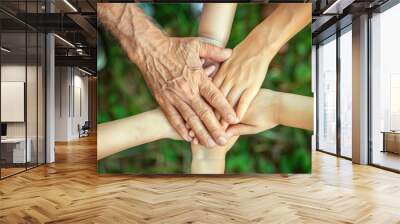 Close up of diverse people hands putting hands together and reaching hands at center. Group of multicultural making stack of hands. Collaboration, teamwork, cooperation, teamwork, supporting. AIG53. Wall mural