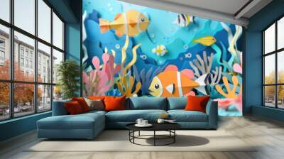 Colorful paper cut out represent of various sea or ocean fish species arranged underwater scene reflect oceanic and marine life ecosystems. Artistic creativity craftsmanship in aquatic themes. AIG53. Wall mural