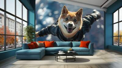 Dog in a spacesuit floating in space. Pet portrait of smiling dog floating in the space surrounded with planet and space. Photography for design and print. Adventure and exploration concept. AIG51. Wall mural