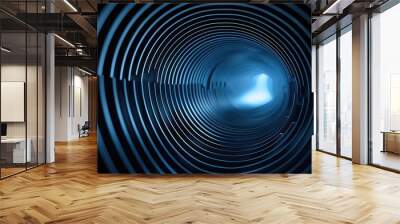 Glowing blue planet with orbiting rings on a dark starry background. Abstract artwork of 3D rendering of geometric shape with blue glowing light portal or door. Space and astronomy concept. AIG53. Wall mural