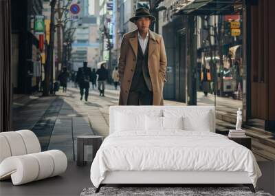 Man in a formal suit walking on a city street. Fashionable business attire in an urban setting. Professional smart business man walking while wearing formal coat and standing at urban city. AIG51. Wall mural