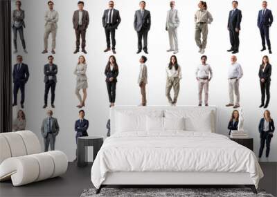 Many business people set isolated background, casual formal attire wear, full body length, networking mixed different diversed businesspeople, happy male female, successful career, crisp edges style Wall mural