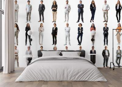 Many business people set isolated background, casual formal attire wear, full body length, networking mixed different diversed businesspeople, happy male female, successful career, crisp edges style Wall mural