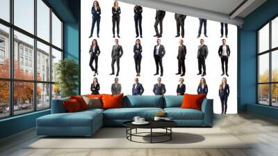 Many business people set on isolated background, formal attire wear, full body length, networking mixed different diversed businesspeople, happy male and female, successful career, crisp edges style Wall mural