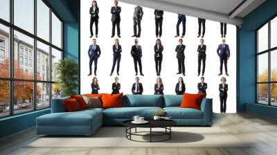 Many business people set on isolated background, formal attire wear, full body length, networking mixed different diversed businesspeople, happy male and female, successful career, crisp edges style Wall mural