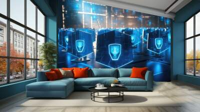 Picture of digital security system to protect dangerous hacking computer user in colorful light of cyberspace style theme. Coding and programming for guarding digital technology from criminal. AIG53. Wall mural