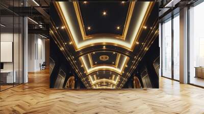 Picture of luxury style indoor hall for elegant event. Elegance of ceiling with the decoration of luxurious gold light shining with mysterious black picture perfect for cinematic scene design. AIG53. Wall mural