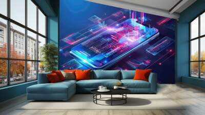 Smartphone displaying futuristic user interface with holographic elements. Data analysis popping up from device with vibrant neon color at dark background. Technology and innovation concept. AIG53. Wall mural