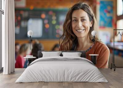 Smiling teacher in a classroom with students. Education and teaching concept. Human portrait of instructor or lecturer smiling at camera while sitting at classroom and blurring background. AIG51. Wall mural