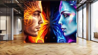 Surreal fantasy artwork of two faces with contrasting colors. Close up portrait of two rival facing each other with orange and blue contrast color. Duality and cosmic balance concept. AIG51. Wall mural