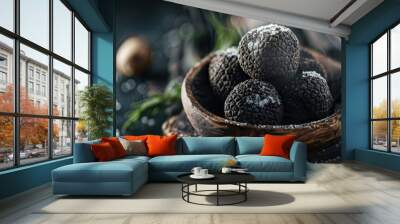 The close up picture of black truffle that putting together for ready to preparing food, Black truffle is edible fungus that highly prized in culinary for distinctive, earthy flavor and aroma. AIG51. Wall mural