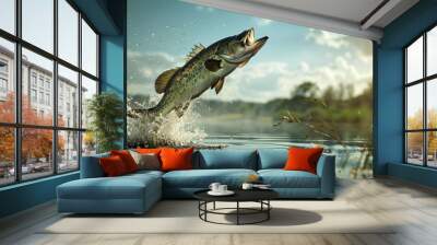 The close up picture of the fish is jumping out from the water in the river at the morning, the fish are aquatic animals that typically cold blooded, have gills and have limbs in shape of fins. AIG51. Wall mural