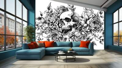 The close up picture of the skull tattoo with black and white colour and blank background, a tattoo is a form of body art where a design is created by inserting ink into the skin dermal layer. AIG51. Wall mural