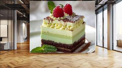 A square piece of cake with layers made from green cookie dough, topped with mint cream and raspberries on top Wall mural