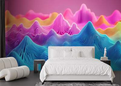 A vibrant landscape of colorful peaks and valleys, showcasing intricate lines and wavy patterns in a surreal abstract style. Wall mural