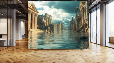 Historical city street under water, ancient buildings submerged, 3D illustration Wall mural