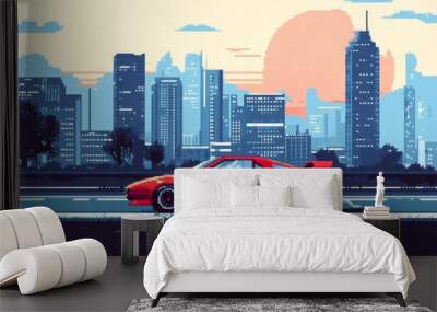 Pixel art of a red sports car on a city road with skyscrapers and a sunset in the background Wall mural