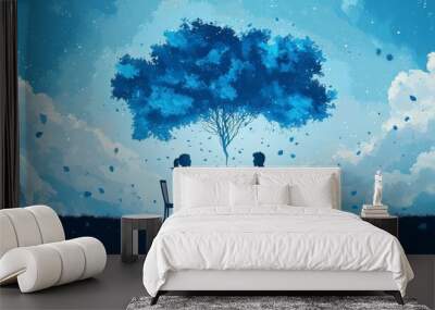 Silhouette of two people at a table under a blue tree, surrounded by clouds. A serene scene symbolizing connection and conversation. Wall mural