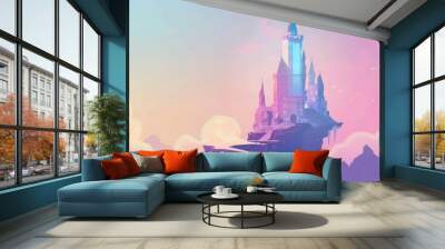 Sorcerers tower flat design side view mystical theme animation colored pastel Wall mural