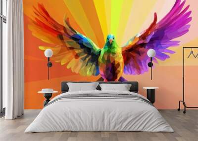 Vibrant and colorful abstract bird illustration with geometrical shapes and dynamic rainbow hues, flying against an orange background. Wall mural