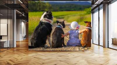 little girl with three dogs Wall mural