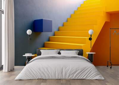 Blue cube and yellow stairs abstract 3d render style illustration. Wall mural