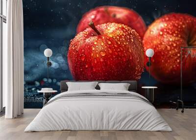 Crispy fresh red apples with water droplets. Wall mural