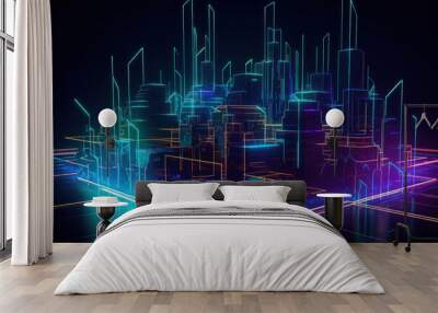 Cyber city landscape illustration, neon futuristic city. Wall mural