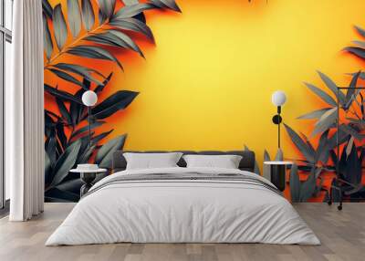 Orange and dark gray leaves on orange background with copy space. Wall mural