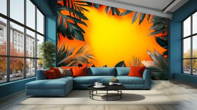 Orange and dark gray leaves on orange background with copy space. Wall mural