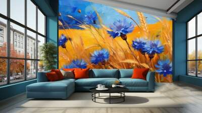 A vibrant oil painting depicting blue cornflowers in full bloom, set against a backdrop of yellow grass Wall mural