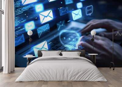 Close-up of a hand on a keyboard with a futuristic, circled mail icon in the foreground Wall mural