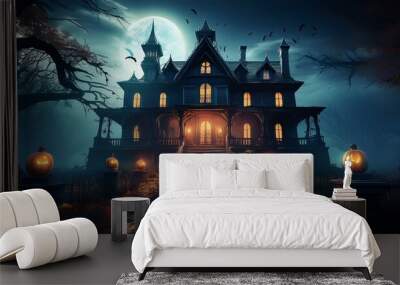 Creepy old Halloween haunted house mansion at night Wall mural