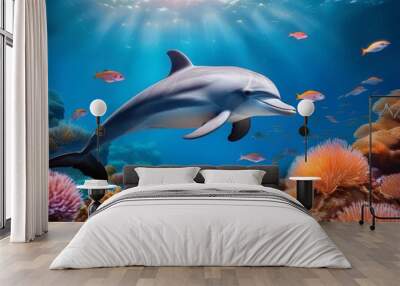 Dolphin swims in an underwater ocean corals and fishes. Wall mural