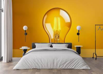 Glowing light bulb, on yellow background. Great idea concept. Copy space for text. Generated by AI Wall mural