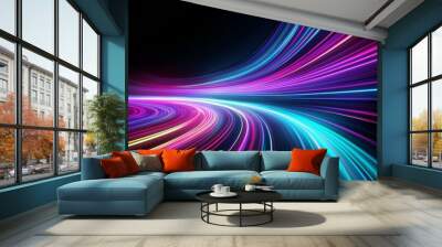 Neon futuristic flashes on black background. Motion light lines backdrop. For banner, postcard, illustration. Created with generative AI tools Wall mural