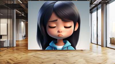 Sad Young Asian Girl Cartoon Character with Closed Eyes in 3D Style Reflecting Disappointment and Depression on Light Background, Emotional Expression Concept, Human Feelings Wall mural