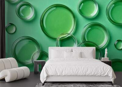 Top view of water circles on light green background, beauty products background Wall mural