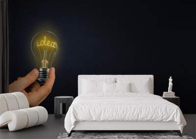 holding the bright lamp with the idea in the hand. idea and innovation concept Wall mural