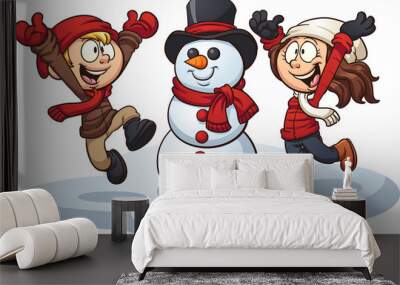 Cartoon kids building a snowman. Vector clip art illustration with simple gradients. Each element on a separate layer. Wall mural