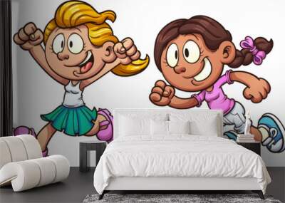 Cartoon kids running. Vector clip art illustration with simple gradients. Each on a separate layer. Wall mural