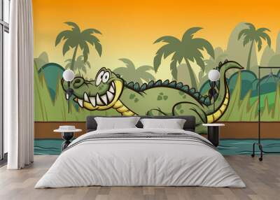 Happy cartoon crocodile resting on the river shore. Vector clip art illustration with simple gradients. Some elements on separate layers. 
 Wall mural