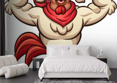 Strong cartoon rooster flexing it’s arms. Vector clip art illustration with simple gradients. All in a single layer. Wall mural