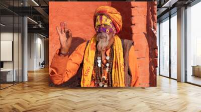 Kathmandu Sadhu men holy person in hinduism with traditional painted face at Pashupatinath Temple of Kathmandu Wall mural