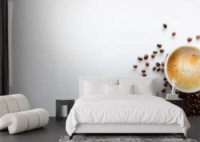 hot espresso and coffee bean on white table with soft-focus and over light in the background. top view Wall mural