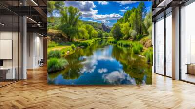 Peaceful landscape with river and green forest Wall mural