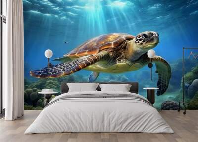 turtle is swimming in underwater of the sea Wall mural