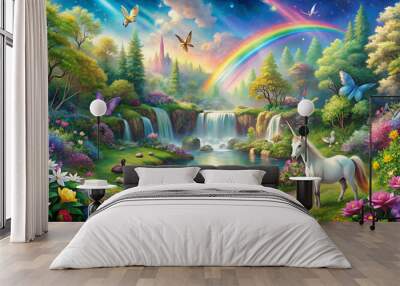 unicorns fantasy landscape butterflies waterfall forest Wall mural